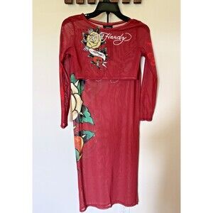 Ed Hardy Red Mesh Beach Cover Up Skirt Set Rose Tattoo Rhinestone Y2K Size L NWT
